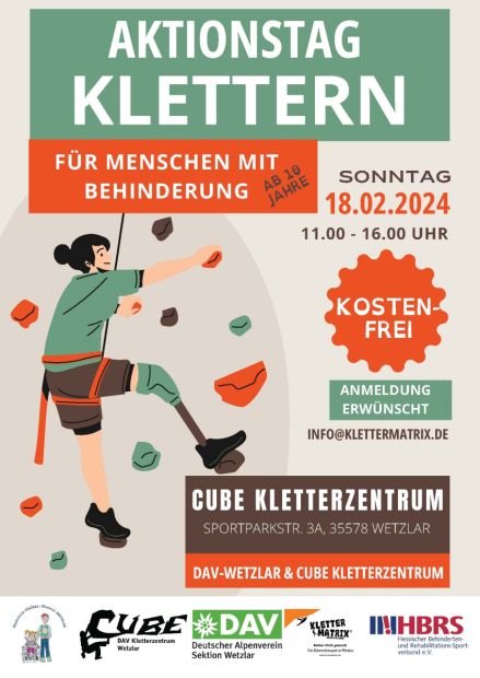 Klettern für Menschen mit Behinderung im Cube Kletterzentrum, Sportparkstr. 3A, 35578 Wetzlar    Bild: KLETTERMATRIX.DE