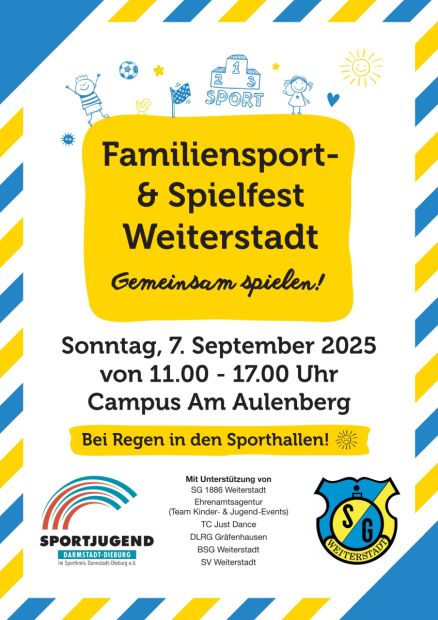 Plakat zum 9. Familiensport- und Spielfest der Sportkreisjugend Darmstadt-Dieburg in Weiterstadt.