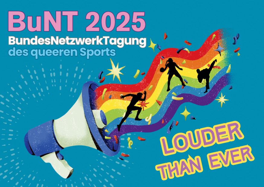 Die BundesNetzwerkTagung des queeren Sports steht unter dem selbstbewussten Slogan „Louder than ever“. Sie findet vom 14 bis 16. November in Frankfurt statt.Grafik: Sportjugend Hessen