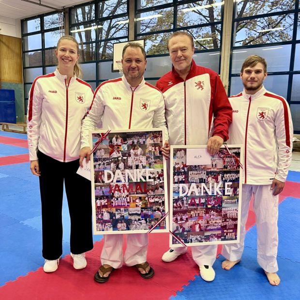 V.l.: Nele Mielke (Kadersprecherin), Jamal Laudiai (Landestrainer Kumite Hessen Süd), Alexander Lang (Landestrainer Kumite Hessen Nord), Maxim Harisow (Kadersprecher)    Bild: Martina Bier für den HFK