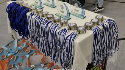 Die Pokale und Medaillen für die bestplaztierten Teams                Bild: Robert Panther