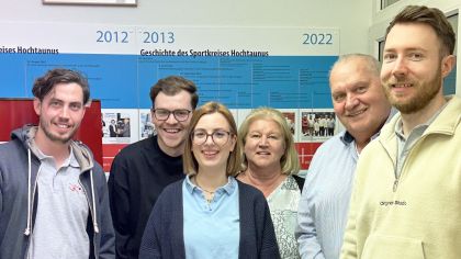 Der neue Vorstand der Sportjugend im Sportkreis Hochtaunus: Marius Ahlring, Maron Hofmann, Prisca Bonin, Kirsten Klatt, Sportkreis-Vorsitzender Norbert Möller und Patrick Thomsen (von links).
                Bild: Sportkreis Hochtaunus