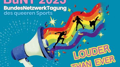 Die BundesNetzwerkTagung des queeren Sports steht unter dem selbstbewussten Slogan „Louder than ever“. Sie findet vom 14 bis 16. November in Frankfurt statt.Grafik: Sportjugend Hessen