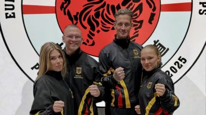 Team Hessen während der ESKA 2025 v.l.: Julie Stevens (SC Judokan e.V. Ffm.), Marvin Bier (Karate Dojo Dietzenbach), Benjamin Eck (KV Limburg e.V.) und Lara Marie Schäfer (SC Judokan e.V. Ffm.)                Bild: J. Stevens &amp; M. Bier für den HFK