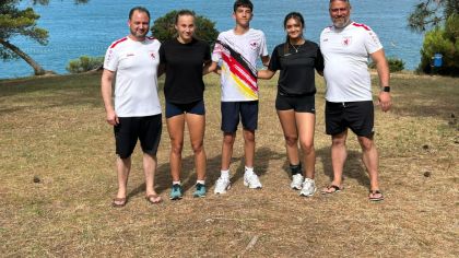 V.l.: Landestrainer Kumite (Südhessen) Jamal Laudiai, Maria Ruppel, Milan Carapic, Davary Phok, Leistungssportreferent Christian Bonsiep                Bild: Y. Laudiai für den HFK