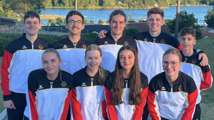 Hintere Reihe v.l.n.r. Florian Gehre, Jonas Bausch, Moritz Kumpf, Robin Krauß, Phillip Sporleder; Vordere Reihe v.l.n.r. Ellie Müller, Luisa Uhl, Bella Fernandez, Julia Rhodemann                Bild: „Funky Frogs“ der TV Crumstadt