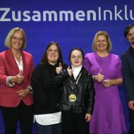 Auf dem Parlamentarischen Abend von Special Olympics Deutschland wurden starke Botschaften formuliert (l-r): Christiane Krajewski, Jenifer Sprenger, Svea Glaß (Athletin und Teilhabe-Beraterin), Nancy Faeser, Martin Köhler                Bild: SOD / Juri Reetz