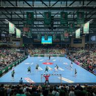 „Basis trifft Spitze“ – diesen Namen trägt eine Initiative des Deutschen Handballbundes (DHB). In diesem Rahmen erklären Bundesliga-Schiedsrichter*innen den Teilnehmenden (unter ihnen viele junge Schiedsrichter*innen), weshalb sie auf dem Feld bestimmte Entscheidungen treffen.Foto: lsb h