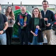 Der Sportkreis Frankfurt, die Hochschule Fresenius und die Mainova AG luden zur gemeinsamen Pressekonferenz. V.l.: Uwe Schröder und David Sasso von der Hochschule Fresenius, Johanna Busch sowie Roland Frischkorn und Laura Stolzenberg vom Sportkreis und Christoph Schäfer von der Mainova.                Bild: Florian Wiegand