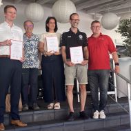 (v.l.n.r.) Dr. Robin Ruff, Rolf Düncher (Uta und Rolf Düncher Stiftung), Hannah Sahm, Christian Biehrer, Jörg Wagner (Vorsitzender Sportkreis Offenbach)                Bild: Jörg Moll (Offenbach Post)